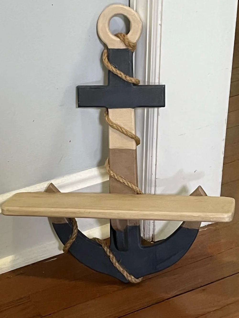 Nautical Anchor Wall Shelf in Blue, Natural Wood, natural twisted rope accent